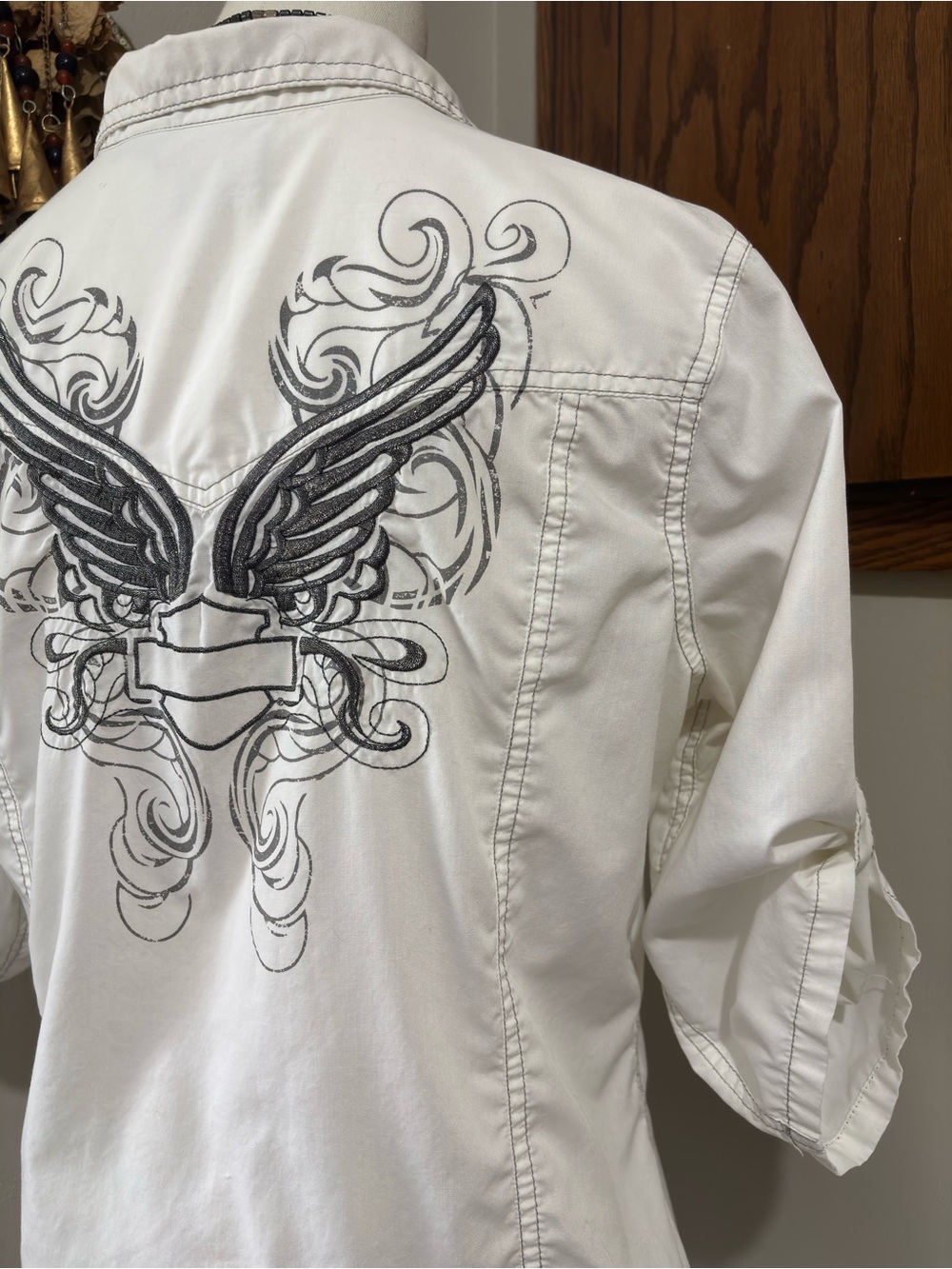 Harley Davidson White Winged Button Up Shirt Large Biker Moto Western Boho - Picture 3 of 15